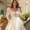 elegante scollo a V da sposa Dr Lg maniche A-Line Princ abiti da sposa in pizzo Appliques Butt raso bianco Vestido de Novia W10403 a0DS #