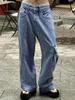 Женские джинсы в американском стиле Y2K, брюки-карго в уличном стиле, мешковатые односторонние большие карманы, асимметричный дизайн, деним с низкой талией