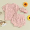 Kleidungssets für geborene Babys, Sommer-Outfits, Blumen-Kurzarm-T-Shirt, Oberteil, Blumen-Shorts, Stirnband-Set, lässiger Säugling