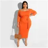 Grundläggande avslappnade klänningar Sommarfall Solid Plus Size Women Dress Slash Neck Långärmar Stretchy Mid Calf BodyCon för fest nattklubb DH8G3