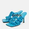 Sandalias Sexy Weave Trenza Tacón Alto Oro Azul Plata Cadena Cruz Correa Resbalón En Zapatos De Verano Punta Cuadrada Mules Tamaño 43