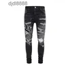 Herren-Designerhosen, High Street, trendig, brandneu, AMR, schwarze perforierte Jeans, Herren-Jeans mit Splash-Ink-Graffiti, elastische Slim-Fit-Hose mit kleinen Füßen