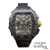 RM11 Luxury Mens Mechanics Watch Swiss Carbon Fiber Watch Mens Personality Trendy Man Cool Hollow Wine Barrel Shapess