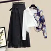 Spring and Summer Fashion Suit Womens Korean Version Westernstyle Patchwork Shirt Slimming Skirt Twopiece 240312