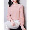 Damenblusen für Damen, koreanische Mode, gekräuselte Seide, elegante Bürodame, Stehkragen, Freizeithemden, solide, lange Ärmel, schicke Tops, Blusa Mujer