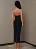 Casual Dresses 2024 Summer Women's Sexy Black Strapless Diamond Chain Dekorativ bandage midi klänning Bodycon Celebrity Party Evening Evening