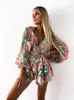 Sexy Diepe V-hals Jumpsuit Voor Vrouwen Zomer Casual Boho Strand Vakantie Outfit Mode Print Lantaarn Mouw Rompertjes Shorts 240325