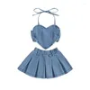 Kläder sätter 2st baby flicka kläder set denim ärmlös backless halter hals hjärta topp veckad kjol söt valentiner dag outfit