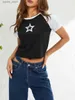 Women's T-Shirt Womens casual short sleeved T-shirt fashion star printed round neck exposed collar navy blue top24329