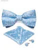 Pajaritas Dibangu Moda Azul Paisley Bowtie Pañuelo Gemelos Set para hombre Boda Fiesta de negocios Lujo Pre-atado Mens Bow Tie Regalos Y240329