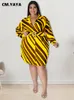 cm.yaya Elegant Women Plus Size Curve Striped Lg Sleeve with Belt Single Breasted Turn-down Neck Lapel Shirt Style Dr x0yP#