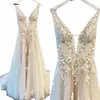 Lakshmigown col en V dentelle Appliques mariage Dres Champagne robes de mariée une ligne robe de mariée estido de noiva praiano R01P #