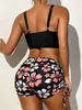 Women's Swimwear 2023 High Waist Bikinis Women Neck Swimsuit Floral Swimwear Female Drawstring Shorts Bathers Bathing Swimming Suit Beachwear T240328