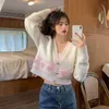 xpqbb Doce Coração Impresso Cardigan de Malha Mulheres Coreano Chic Butts Com Decote Em V Camisola Casaco Senhoras Estilo Universitário Bonito Crop Tops y5IE #