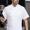 Chef uniforme col montant simple boutonnage poche plaquée cuisine haut à manches courtes résistant à l'usure respirant cuisinier chemise vêtements de travail H3LO #