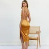 Casual Dresses Ardm Elegant Strap Satin Hollow Out Summer For Women 2024 Sexy Backless Lace Up Split Bodycon Party Midi Dress Vestidos