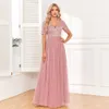 2024 Ladies Elegant Short Sleeved Dr With Lace Embroidery V-Neck A-Line Sequin Evening Dr Bridesmaid Party Graduati Dres E0WE#