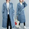 qnpqyx feminino denim trench coat outono duplo breasted com cinto casual jean casaco solto lg blusão jaqueta casal modelos k0gj #