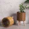 Jardinières Support de plante tissé avec pieds Support de plante surélevé avec panier de plantes Table ronde en bois Support de pot de plante fait à la main pour pots de fleurs