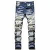 men Jeans High Quality Streetwear Ripped Denim Pants Trend Brand Casual Trousers Printed Biker Destroyed Hole Slim Fit Scratched K4xD#