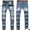 Jeans da uomo 3 stili Mens foro al ginocchio slim fit dritto stile antico nuovo per tutte le stagioni bottoni con cerniera pantaloni da motociclista a vento europeo Street Drop Dh9Pt