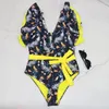 Costume da bagno da donna Costume da bagno ad asciugatura rapida Elegante scollo a V Manica con volant Costume intero per donna Monokini da spiaggia con lacci con tessuto ad asciugatura rapida