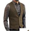 Men'S Vests Mens Suit Vest Wool Herringbone Vintage T Casual Formal Business Waistcoat For Wedding Groomsmen Green/Black/Grey Drop Del Dhzjs