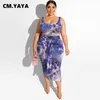 Cm.yaya Mujeres Tallas grandes Conjunto Tie Dye Imprimir Camisetas sin mangas Vendaje Funda Elastci LG Faldas Dos conjuntos de 2 piezas Traje de chándal 2021 E2yY #