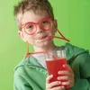 Disposable Cups Straws Glasses Shape Reusable Funny Drinking Novelty Eyeglasses For Kids Birthday Party Annual Meeting Supplies ( 24Pcs )