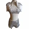 Sparkly Full Rhinestes Bikini Blanc 3 Pièces Ensemble Sexy Stage Outfit Femme Discothèque Bar Costume Dance Team Jazz Dance Vêtements v3R0 #