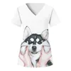 Carto Dog Print Infirmières Uniformes Femmes À Manches Courtes Col En V Blouse De Travail Tops Avec Poches Uniformes De Soins Infirmiers Médicaux Scrubs U3fQ #