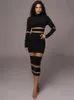 Mozision Patchwork Bodycon Sexy Midi Dress for Women 2023 Autumn Winter Turtleck Long Sleeve Club Party Eleganckie 240315