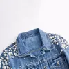 Kvinnor Pearl Beading Short Denim Jackets Turn-Down Collar Jean Jacket för kvinnor Lossa Casual LG Sleeve Vintage Jean Coat Female I5O5#