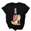 champagne high heels pattern women's top women's summer fi short-sleeved round neck women's T-shirt Q4BL#