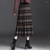 Skirts Elegant Vintage Women Long Knitted Pleated Skirt Autumn Winter Korean Fashion High Waist Loose Midi A-line Casual Plaid