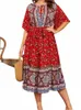 Plus Size Zomer Lg Dr Vrouwen Bloemen Etnische Stijl Gestreepte Print Casual Dames Dres Ruche Fi Vrouw Dr 2023 O31g #