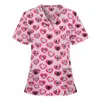 San Valentino Animal Print Uniformi mediche Donna Tasca Infermiera Uniforme Badante Top Manica corta Scollo a V Scrub Top Tunica sanitaria K8yC #