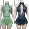 sexy Halter Pole Dance Outfit Black Rhinestes Fringed Bodysuit Women Nightclub Dj Ds Stage Rave Clothes XS7484 h7ao#