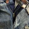 Zgrane krótkie dżinsy mężczyźni Vintage Denim Shorts Prosta dziura Plama Plaid Hip Hop Fashion Długość Kolan Pants Streetwear 240327