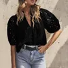 Blouses Femmes Chemises Femmes Chemise Casual Élégant Col En V Lanterne Manches Tops D'été Avec Motif De Fleur Creuse Dentelle Brodée Drop De Dhfsa