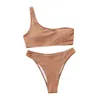 Costume da bagno da donna da donna tinta unita monospalla in tessuto pieghettato costume da bagno bikini sexy a vita alta (due pezzi) corto