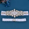 topqueen THS01-G Wedding Garter White Lace Elastic Belt Gold Decorati Sparkly Sexy Female Women Bridal Leg Ring Rhinestes r316#