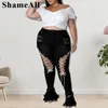 Streetwear plus taille lacet up sexy déchiré skinny noir flare jeans 4xl woman club fête haute taille extensible denim cloche bottom g8sg #