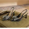 Stylish Summer Sandal High Heels for Women New Style Baotou Rhinestone Bow Back Hollime Slim Heel Sandals 240228