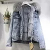 women Winter Warm Basic Coat Big Fur Collar Denim Jacket Female Cold Motorcycle Jackets Outerwear Fleece Thick Overcoat 2024 j3Fh#