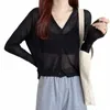 Cardigan sottile di seta del ghiaccio del manicotto di Lg delle donne sexy stile coreano Butt nero con scollo a V cardigan sottile per la donna 2023 protezione solare estiva Top I9G3 #