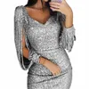 2024 Nuevas mujeres Sexy Dres Glitter Sparkly Lentejuelas Borla Mangas V Cuello Club Mini Flaco Sundr Elegante Fiesta de las señoras Dres p2HY #