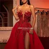 Red Elegant LG Prom DR 2021 Luxe straplel mouwvolgsels Shiny Split Tule Ball Jurk vrouwen formele avondfeestjurken 98JH#