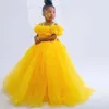 Robes de fille jaune petits enfants fête d'anniversaire bijou cou volants mère et princesse fleur filles robes enfant en bas âge vêtements de bal