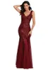 sequin Spliced Mesh Mermaid Plus Size Evening Gown Double V Neck Sleevel Hot Selling Bridesmaid Stretch Dr Prom Gown X8Zi#